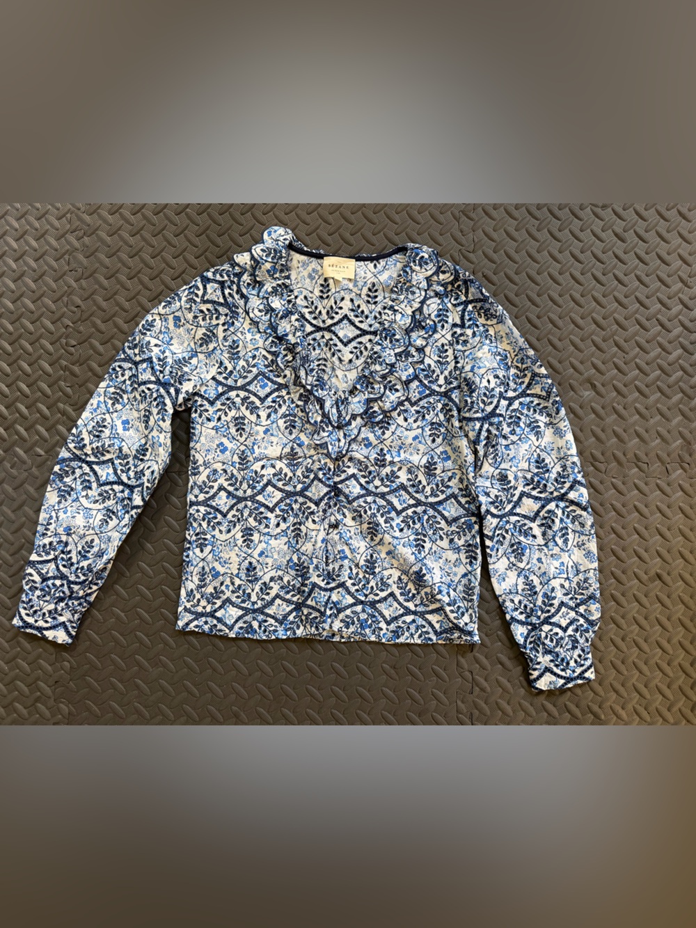 Sezane Navy & White Floral Embroidered Blouse